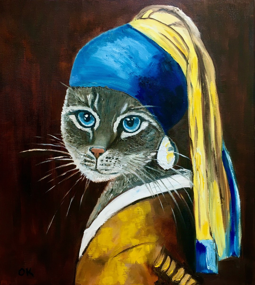 British blue Cat with the pearl earring #7 inspired by Johannes Vermeer painting feline... by Olga Koval
