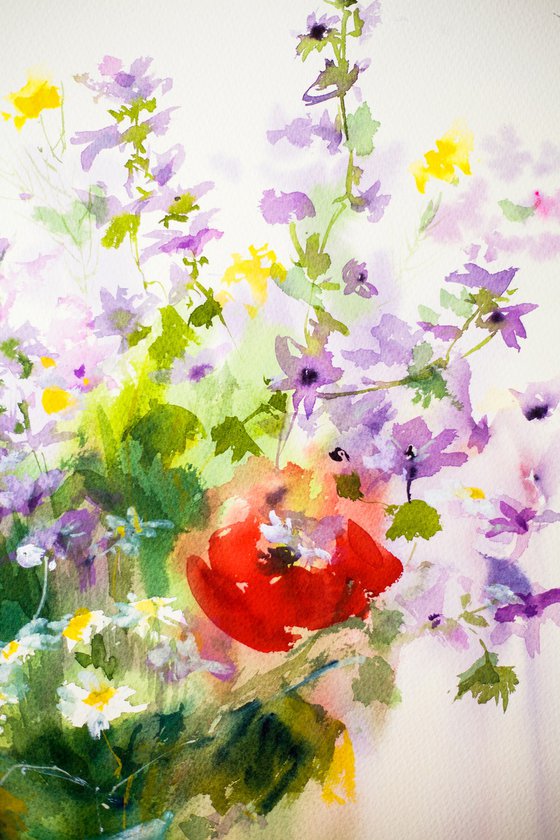 Wild flowers bouquet with poppies and malva 2. Soft evening light medium size summer painting