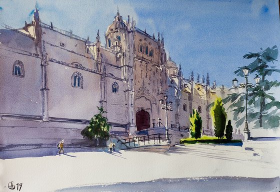 New Cathedral. Salamanca, Spain. Original watercolor. Small urban landscape city travel interior impressionistic mood shadow purple inspiration