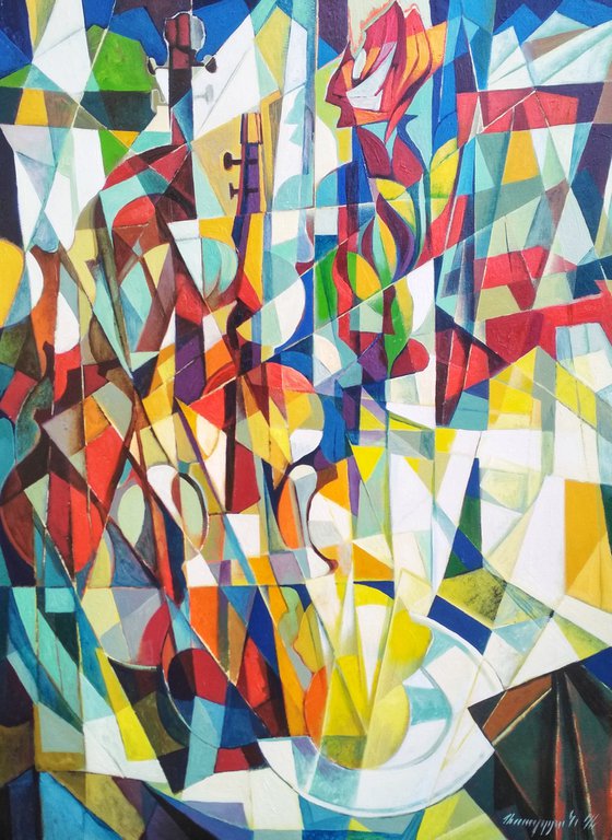 Still life with lemons and violin-2 (60x80cm, cubism, oil painting, ready to hang)