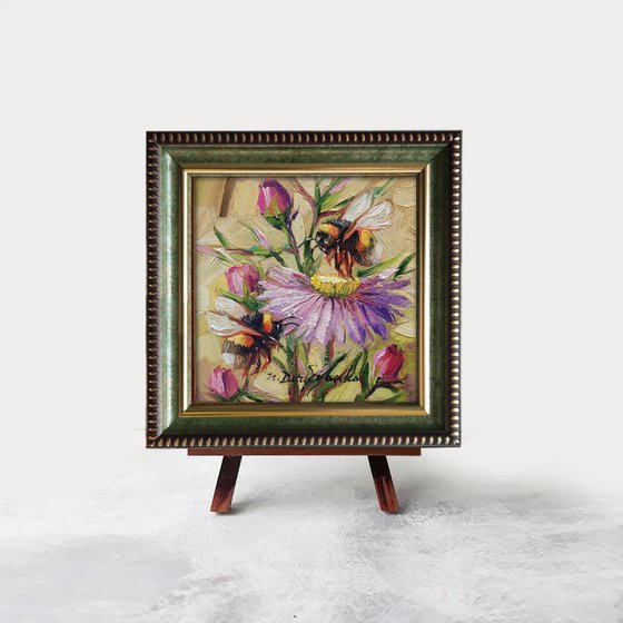 Bumblebee art painting original small framed, Picture couple gifts anniversary, Ppurple flower with two bees wall art
