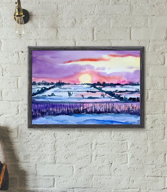 Winter Watercolor Painting, Sunset Landscape Original Wall Art, Snowy Nature Artwork, Christmas Home Decor