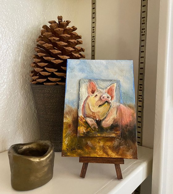 Cute Piglet oil painting collection 3x4 image on 5x7 mat with easel