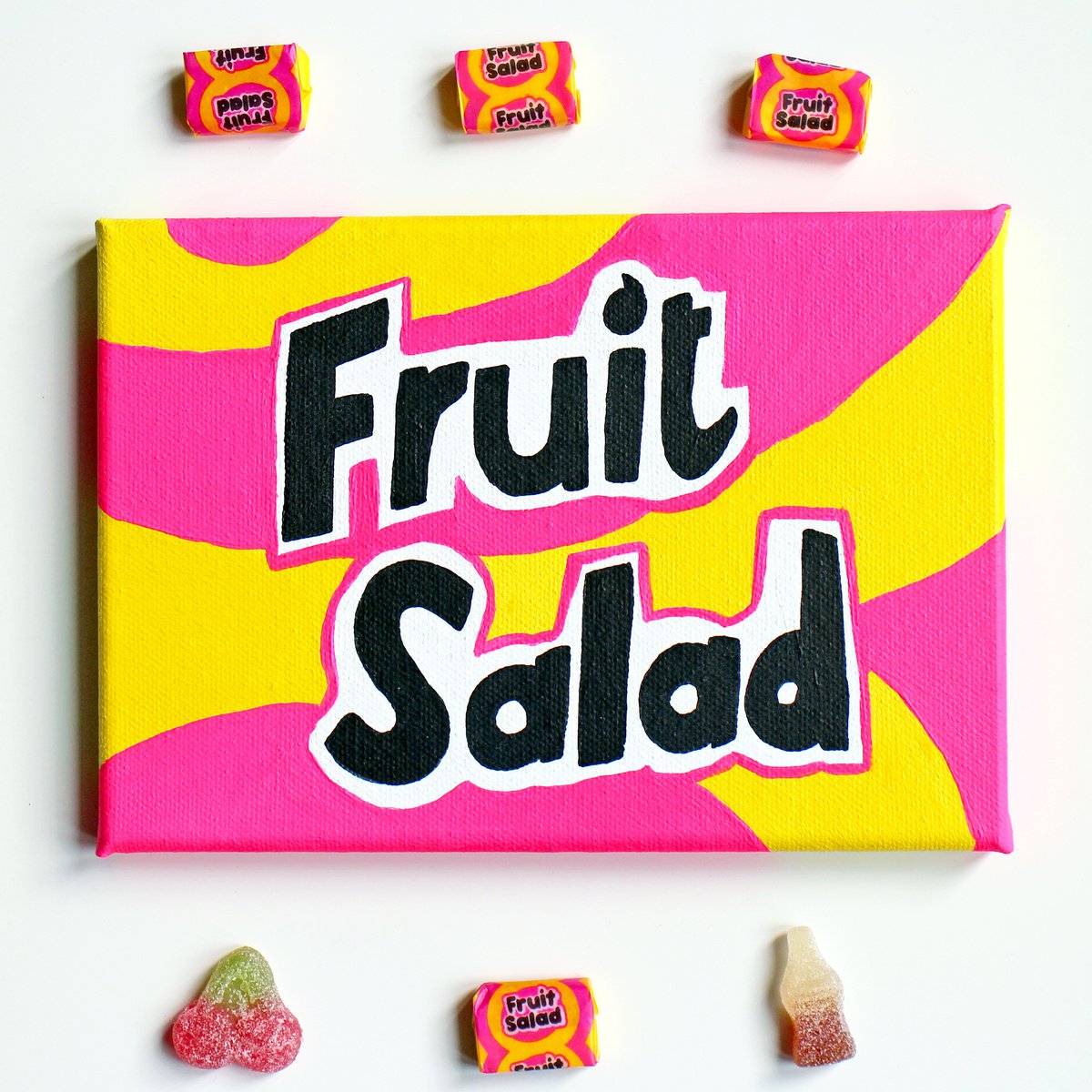 Urban And Pop Still Life Acrylic Painting By Ian Viggars, 8 X 6, Fruit Salad Retro Sweet, Original Artwork