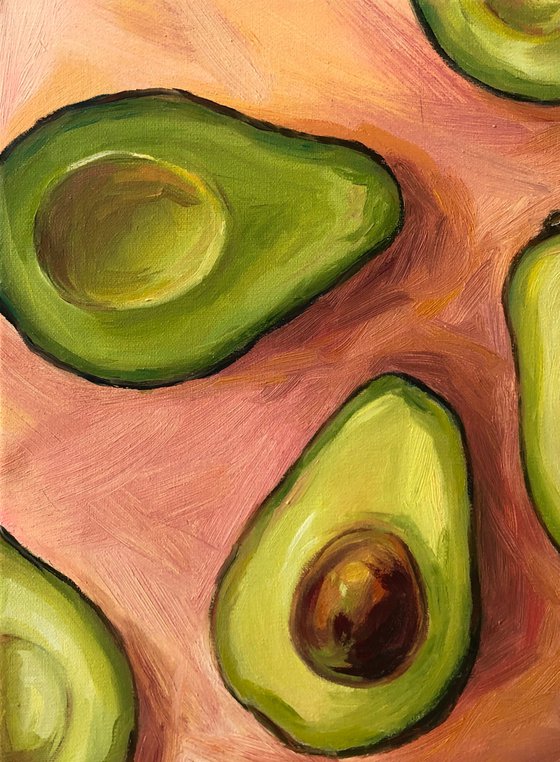 OTHER HALVES, Original Vibrant Minimalist Square Avocados Oil Painting