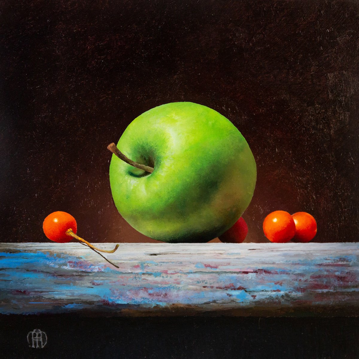 Photorealistic Still Life Oil Painting By Alexey Merzlikin, 8 X 8, Green Apple And Berries, Original Artwork