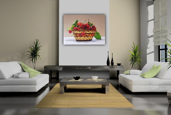 Cherries painting, Original oil on canvas realistic art, 70x50 cm