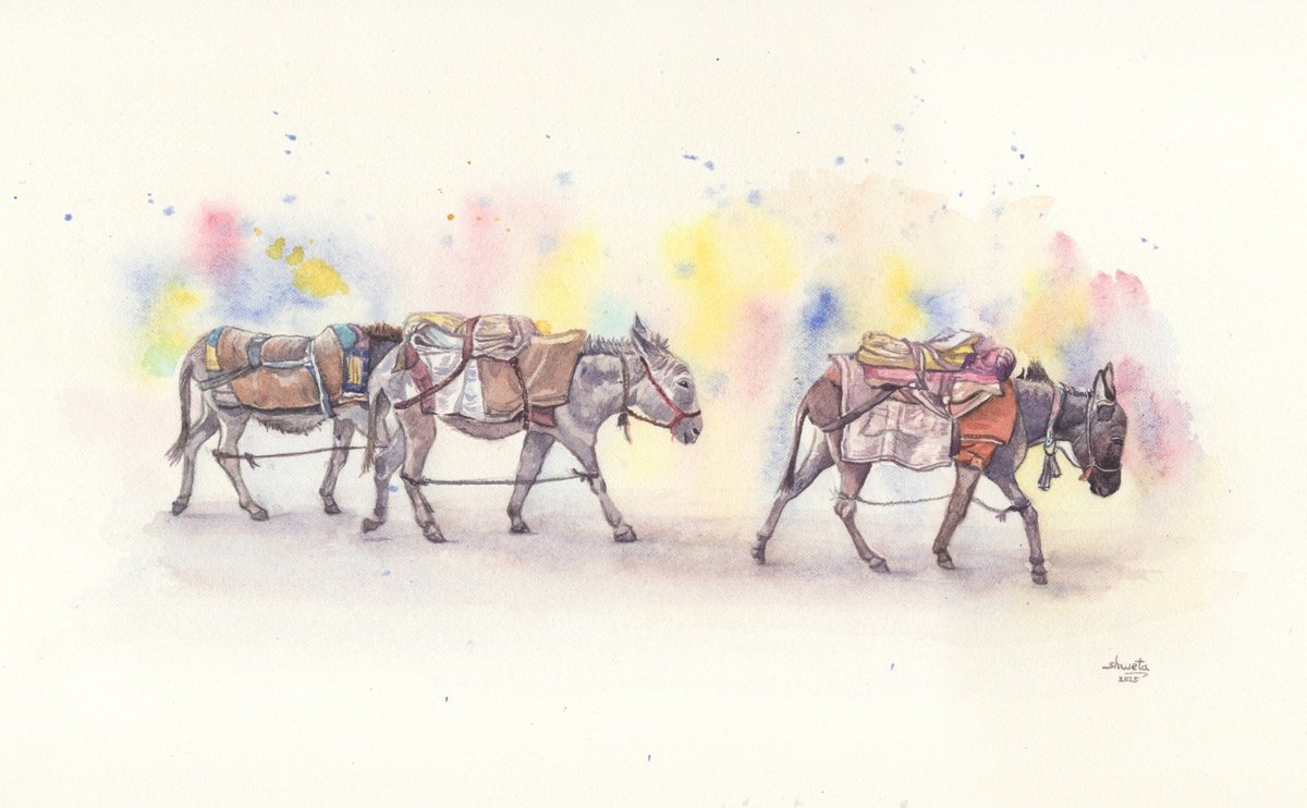 Photorealistic Animal Watercolour By Shweta Mahajan, 13 X 8", Three Donkeys On The Road, Original Artwork