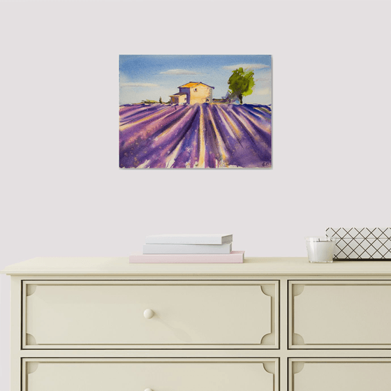 Lavender field in Provence. Medium watercolor pastel drawing bright colors France