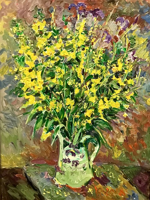BOUQUET OF SUMMER FLOWERS - still-life, floral art, original painting oil on canvas,  wild flowers in vase, gift , Valentine's day, home decor 80x60cm by Karakhan