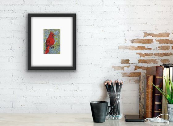 Bird oil painting - Red cardinal small canvas - Christmas gift for bird lover.