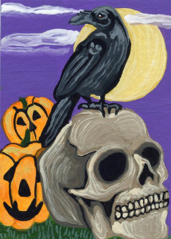 ACEO ATC Original Miniature Painting Halloween Crow Raven Skull Pumpkin Art-Carla Smale