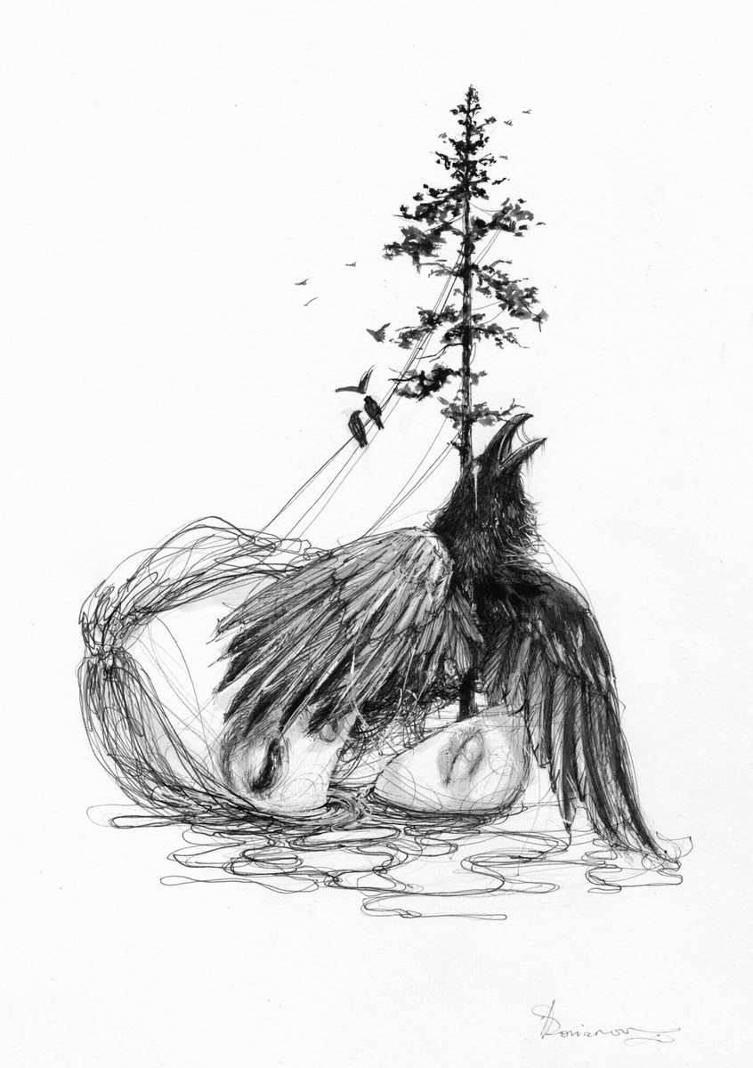 Expressive Portrait Ink Drawing By Doriana Popa, 8 X 12, Raven, Original Artwork