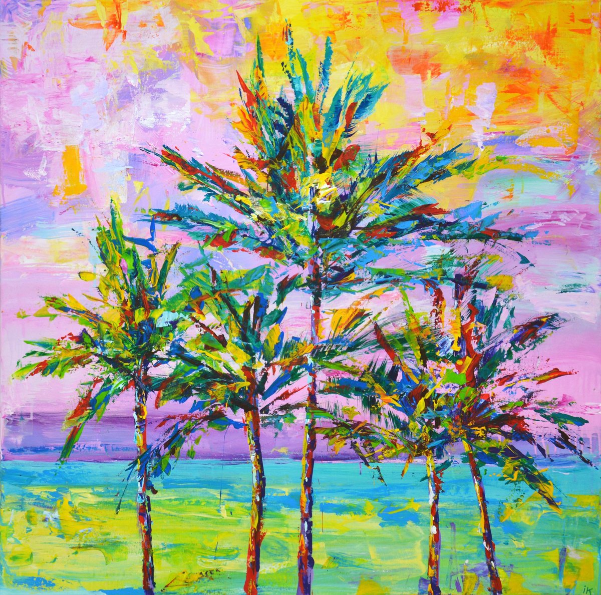 Expressive Botanical Acrylic Painting By Iryna Kastsova, 39 X 39, California Palms 2., Original Artwork
