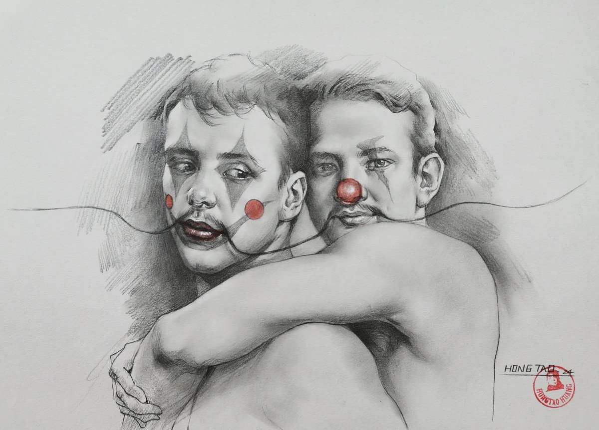 Illustrative Portrait Pencil Drawing By Hongtao Huang, 11 X 7, Clown 3, Original Artwork