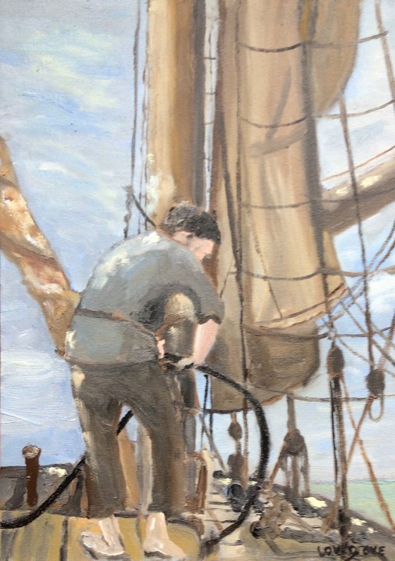 Coiling the rope, an original marine oil painting