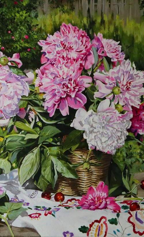 White and pink peonies in a basket. Still life (2023) by Natalia Shaykina