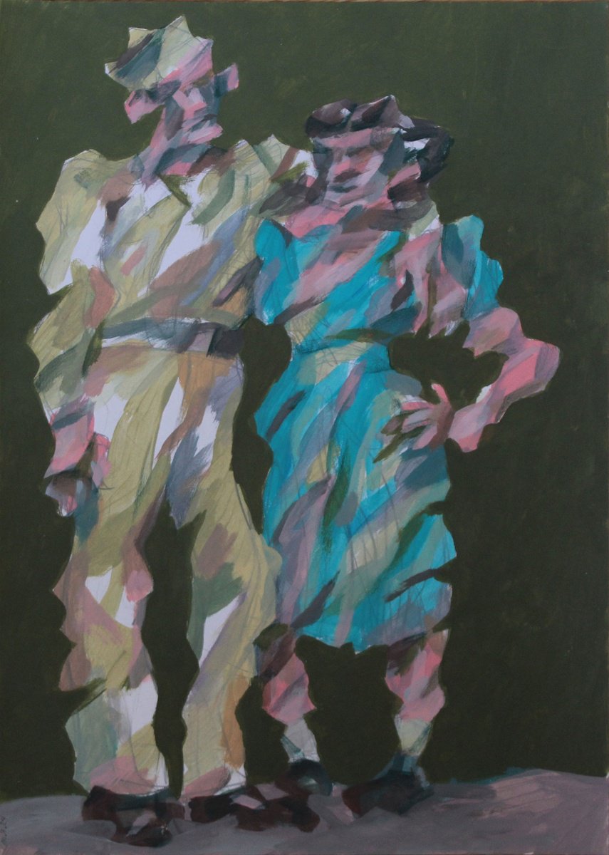 Expressive Portrait Acrylic Painting By Martin Singer, 12 X 16", Couple In Love, Original Artwork