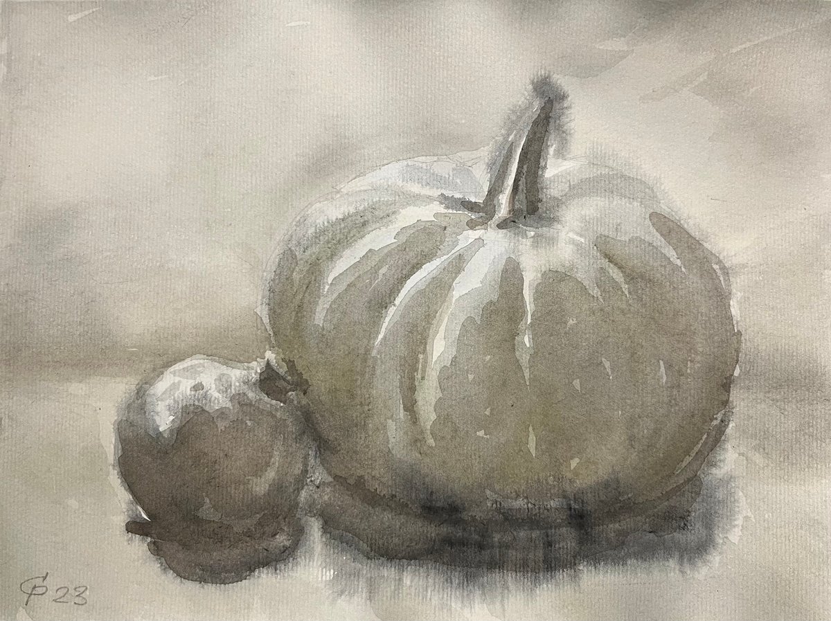 Still life Pumpkin and Pomegranate watercolour Ukrainian artwork by Roman Sergienko