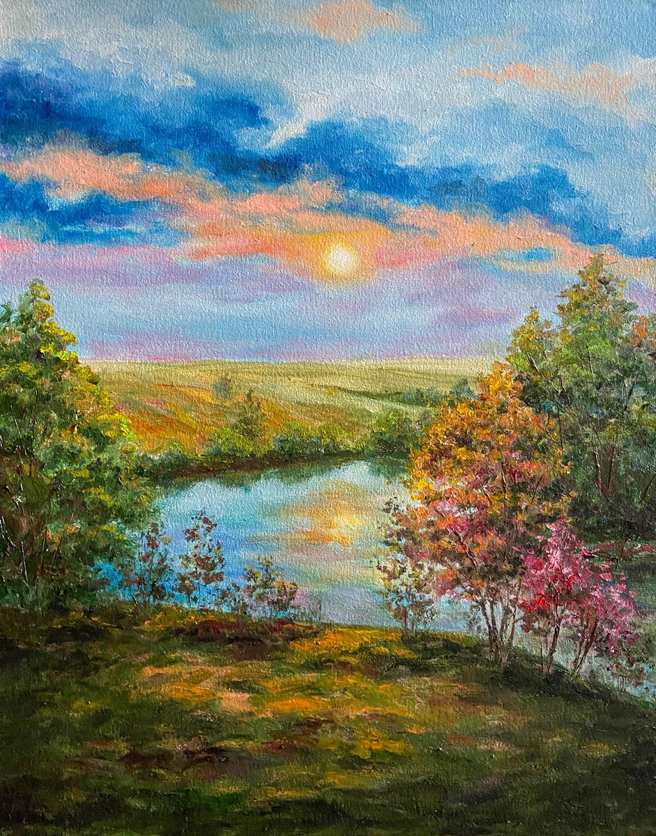 Impressionistic Landscape Oil Painting By Galyna Shevchencko, 16 X 20, Twilight Over The River, Original Artwork