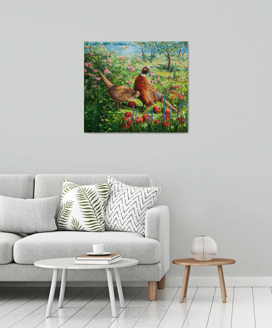 PHEASANTS IN APPLE GARDEN
