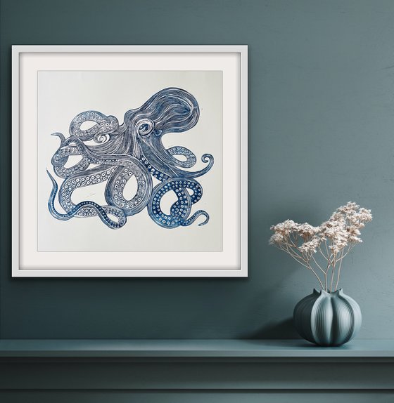 Blue Octopus Linocut