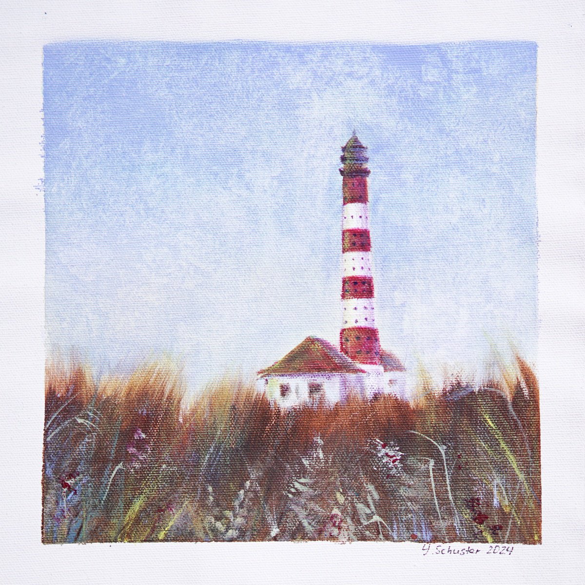 Impressionistic Landscape Acrylic Painting By Yulia Schuster, 9 X 9", Sentinel By The Sea, Original Artwork