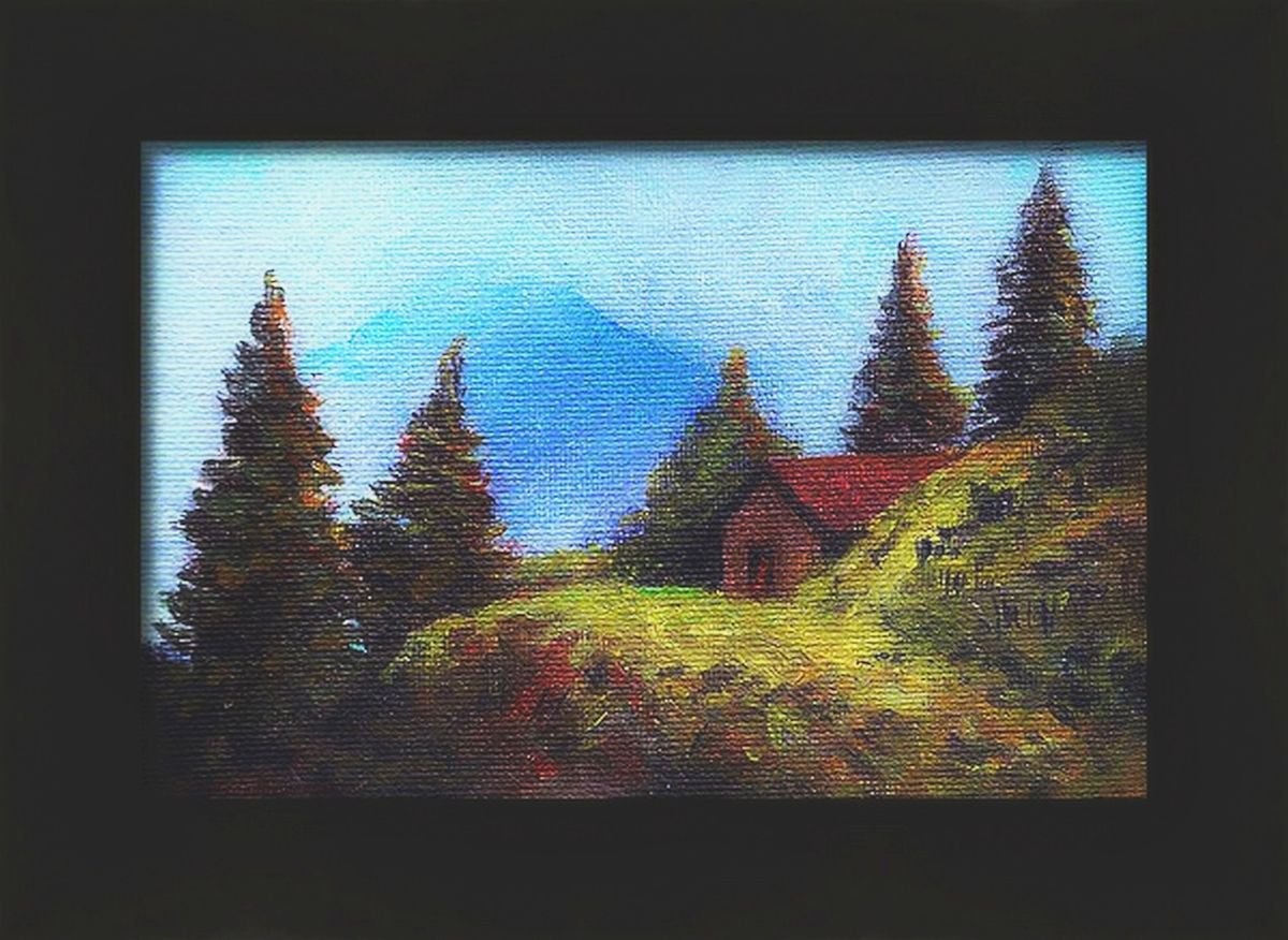 Miniature Painting House on the blue hills Gift art liGHt Acrylic on canvas 4x 6 by Asha Shenoy