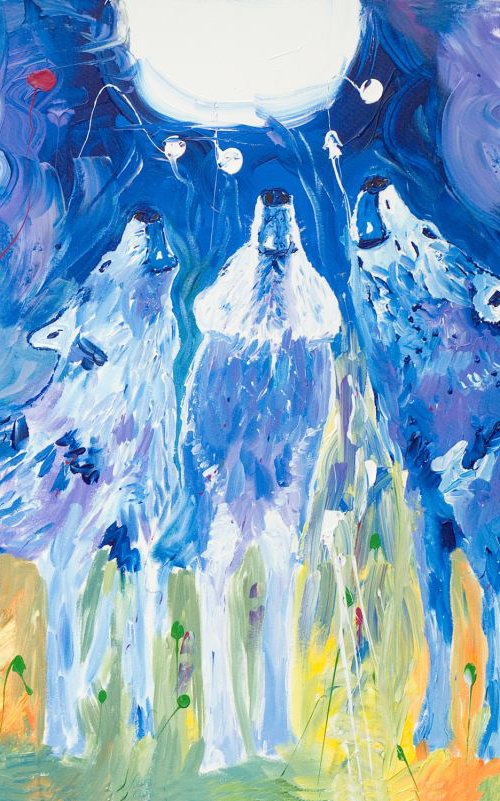 Three wolves at full moon 150 x 100 cm. by Oswin Gesselli