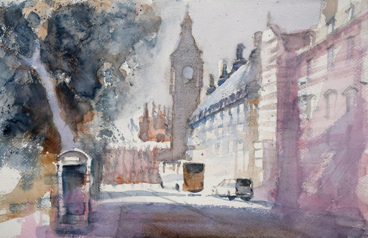 Impressionistic Cityscapes Watercolour By Goran Zigolic Watercolors, 18 X 12, Big Ben Sunset 3, Original Artwork