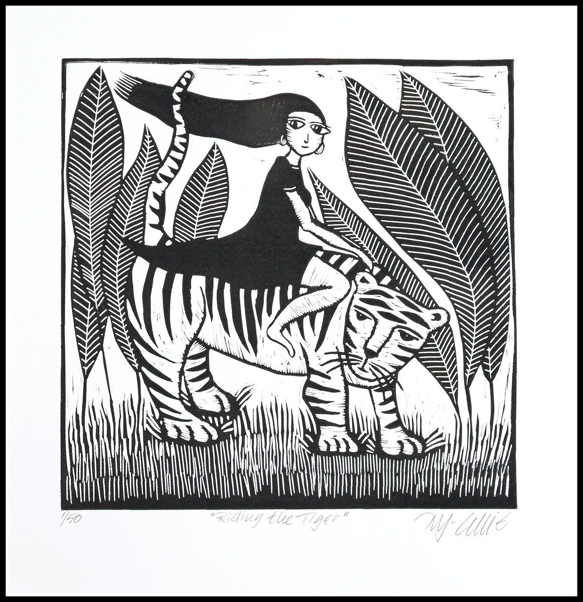 Illustrative Linocut , Riding The Tiger By Mariann Johansen-Ellis, 14 X 15, Artwork For Sale On Artfinder