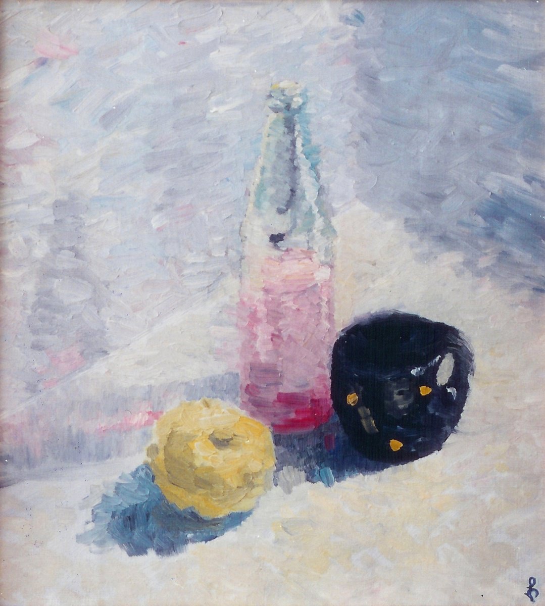 Impressionistic Still Life Oil Painting By Lia Chechelashvili, 16 X 17", Still Life With Yellow Apple, Original Artwork