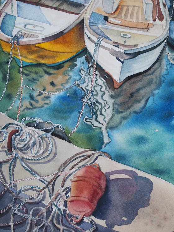 Boats in the port - colorful seascape original watercolor