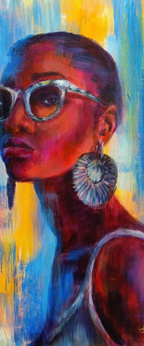 Sunglasses My World My Rules Acrylic Expressionism Beautiful Woman Portrait by Anastasia Art Line