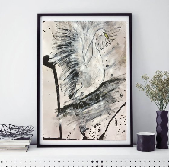 Swan III A3 Size Acrylic Painting on Paper Black White Fine Art Large White Bird Gift Ideas