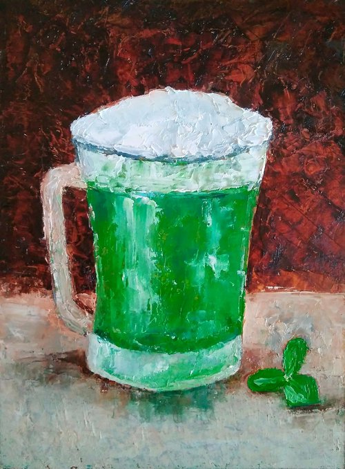 Green Beer Painting Original Art St. Patrick's day Wall Art Clover Artwork by Yulia Berseneva