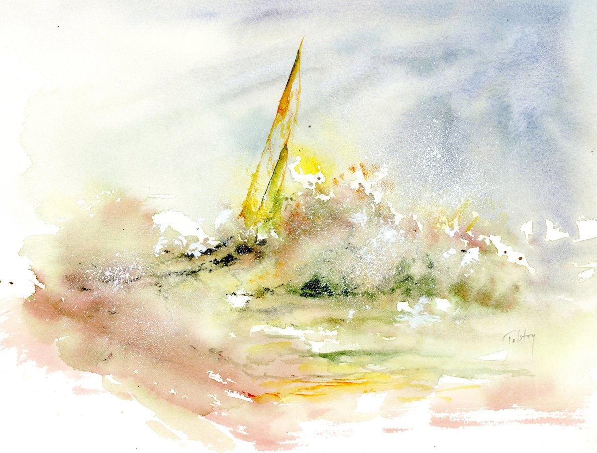 Impressionistic Landscape Watercolour By Alex Tolstoy, 14 X 10, Rough Wave And Sailboat, Original Artwork