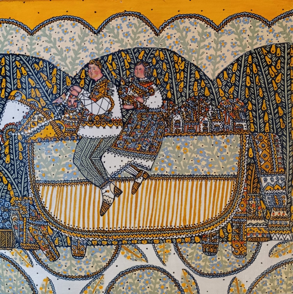 Naive Portrait Acrylic Painting By Tetiana Osadchuk, 12 X 12", A Wonderful Journey, Original Artwork