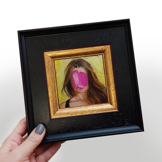 Faceless portrait framed art original mini oil painting, Brown-haired Women oil art small frame art