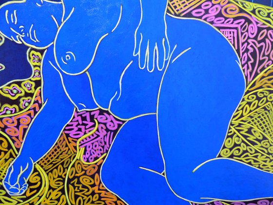 BLUE NUDE ASLEEP ON PATTERNED THROW