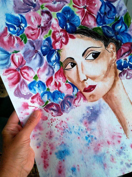 Flower Head Painting Woman Original Art Female Portrait Watercolor Flower Hat Artwork Floral Lady Wall Art 12 by 17" by Halyna Kirichenko