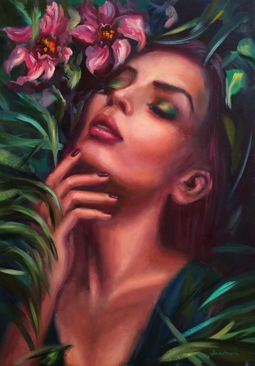 FREE SHIPPING Woman Portrait Sexy Girl Jungle Art Wild Flowers Orchids by Anastasia Art Line