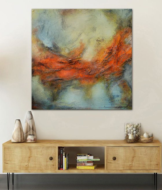 Terra rossa, 40" x 40" x 1.5"  (101 cm x 101 cm x 3.8 cm) - large orange and blue grey abstract landscape