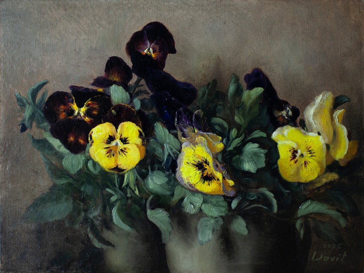 Photorealistic Still Life Oil Painting By Davit Davtyan, 16 X 12, Violet And Yellow, Original Artwork