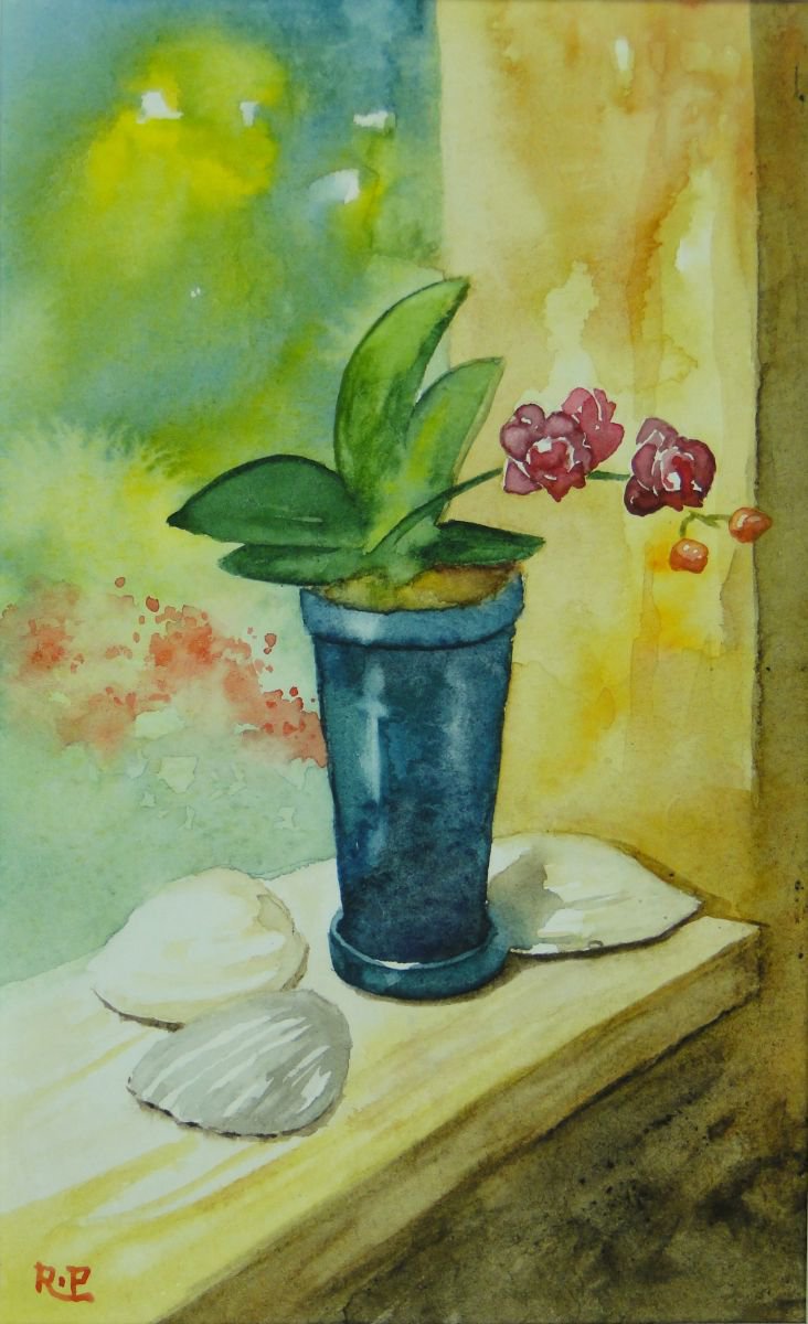 Impressionistic Botanical Watercolour By Rick Paller, 5 X 8", Orchids And Shells, Original Artwork