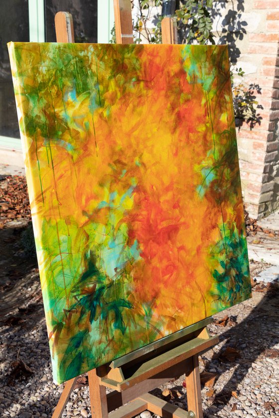 The four seasons : autumn symphony - ORIGINAL PAINTING One of a kind modern floral - contemporary nature - decorative abstract Orange green turquoise teal colorful joyful joyous