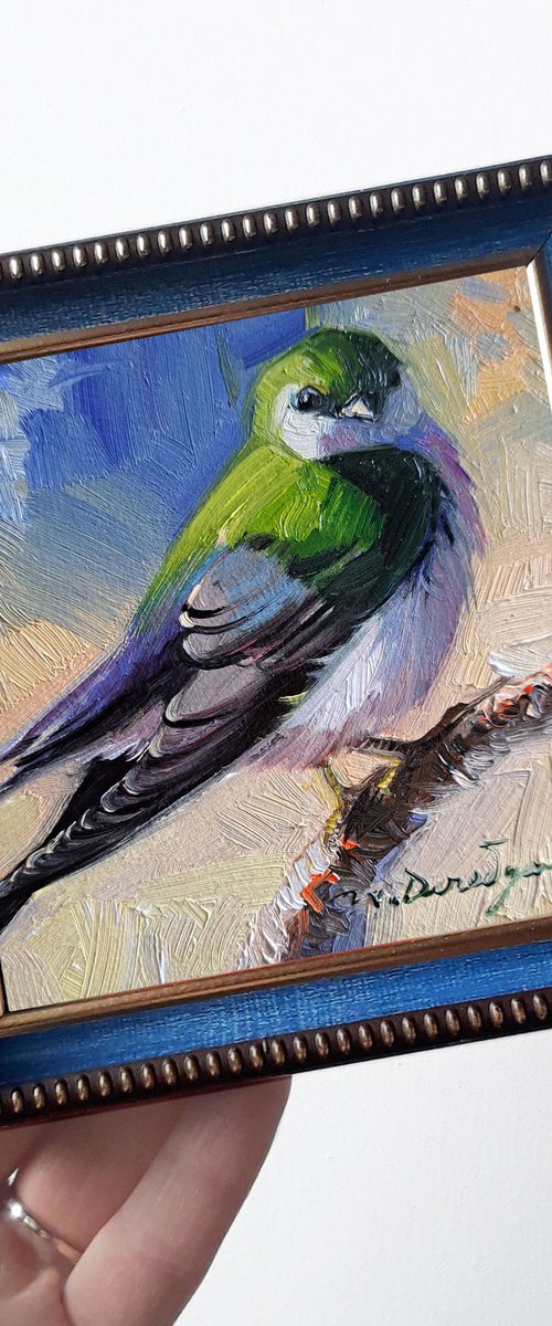 Small bird oil painting original in frame 4x4, Green Swallow bird picture framed by Nataly Derevyanko