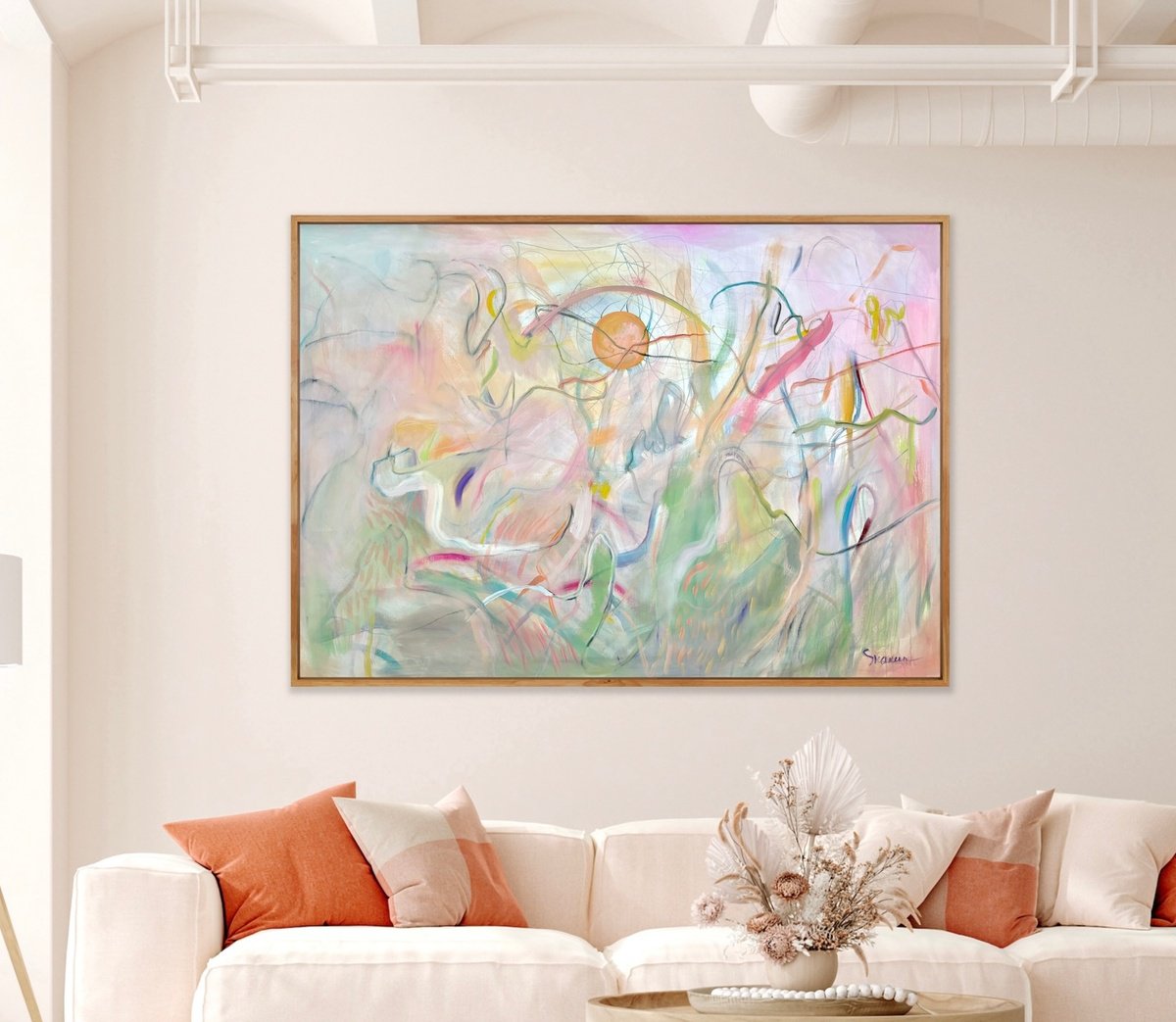 Expressive Abstract Oil Painting By Mari Skakun, 63 X 46", Pink Mountains, Original Artwork