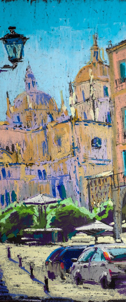 Segovia Cathedral. Light and shadow. Oil pastel painting. Small colorful urban landscape home decor interior gift idea city scape sun happy by Sasha Romm