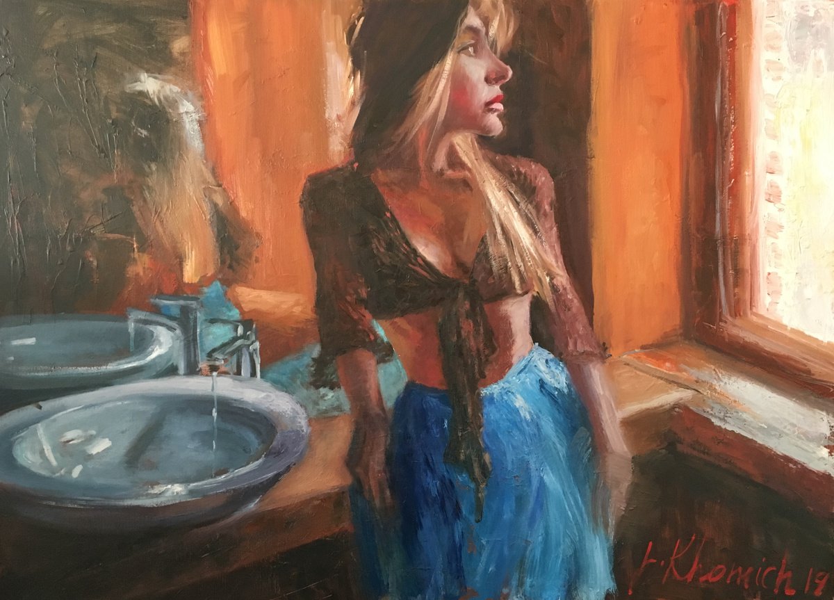 Morning in the bathroom. Model Art. Realistic oil painting by Leo Khomich